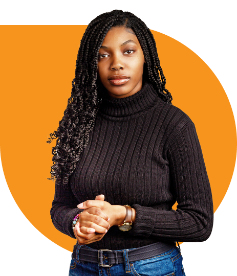 A young black woman professional in the tech industry stands in front of an orange backdrop. Talent Infusion is a recruiting platform for the tech industry where hiring managers can search for diverse talent to build an inclusive team.