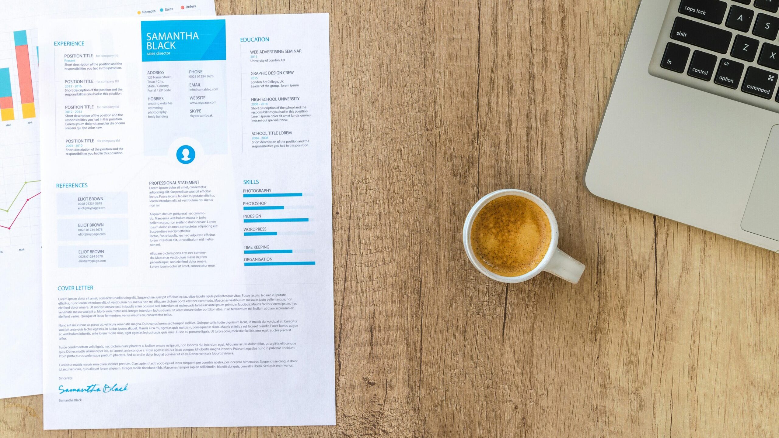 Resume on a table with coffee and laptop. How to find a recruiter.